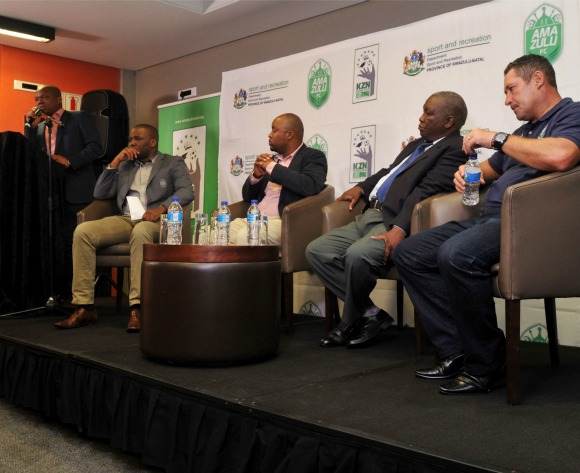 Image caption: (l-r) Lunga Sokhela, General Manager of AmaZulu, Manqoba Bhengu, Mazwi Mkhize, SAFA KZN and Steve Barker, coach of AmaZulu during the AmaZulu Community Trust Launch KZN Future Stars in Moses Mabhida Stadium Durban, Kwa-Zulu Natal on 10 February 2016 ©Muzi Ntombela/